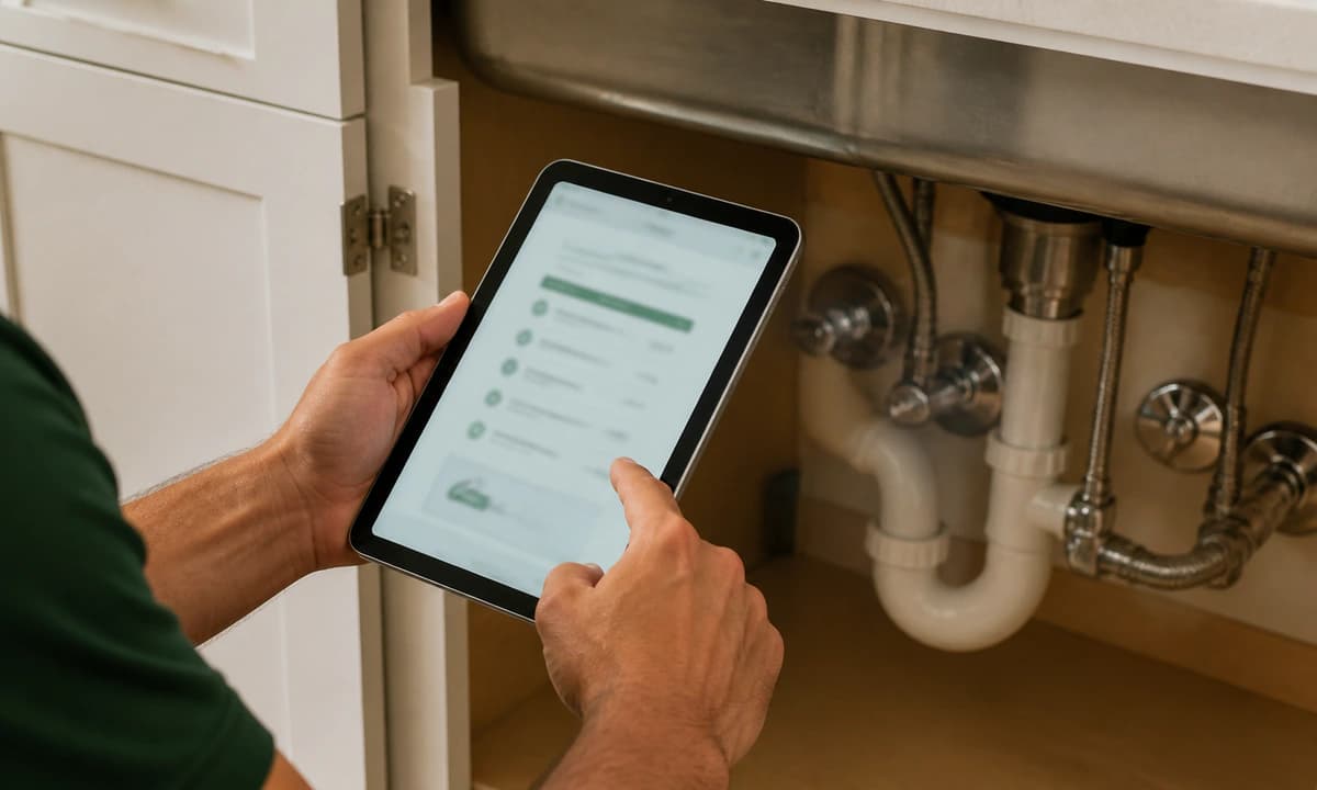 A service technician documenting completed plumbing work on a tablet