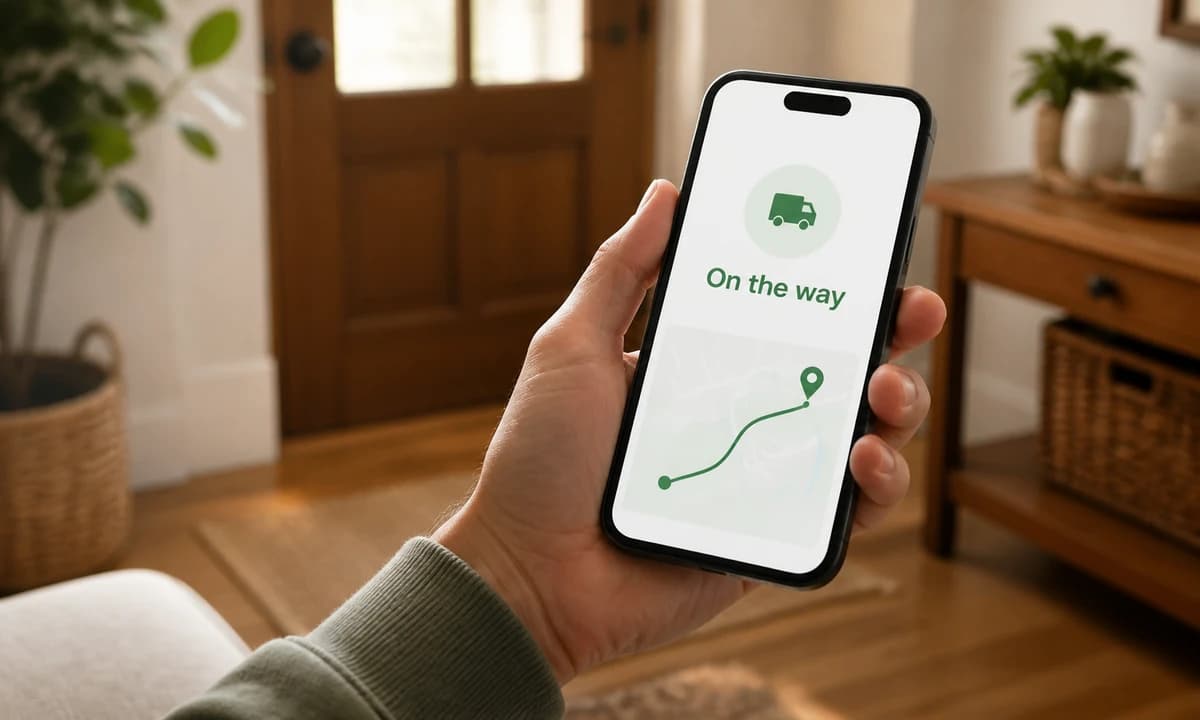 A homeowner viewing an on-the-way visit update on a phone
