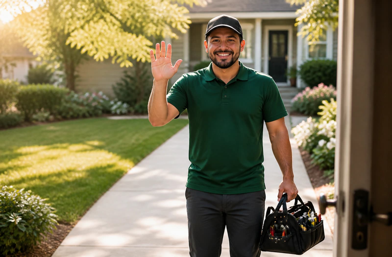 A friendly service technician arriving at a homeowner’s front door